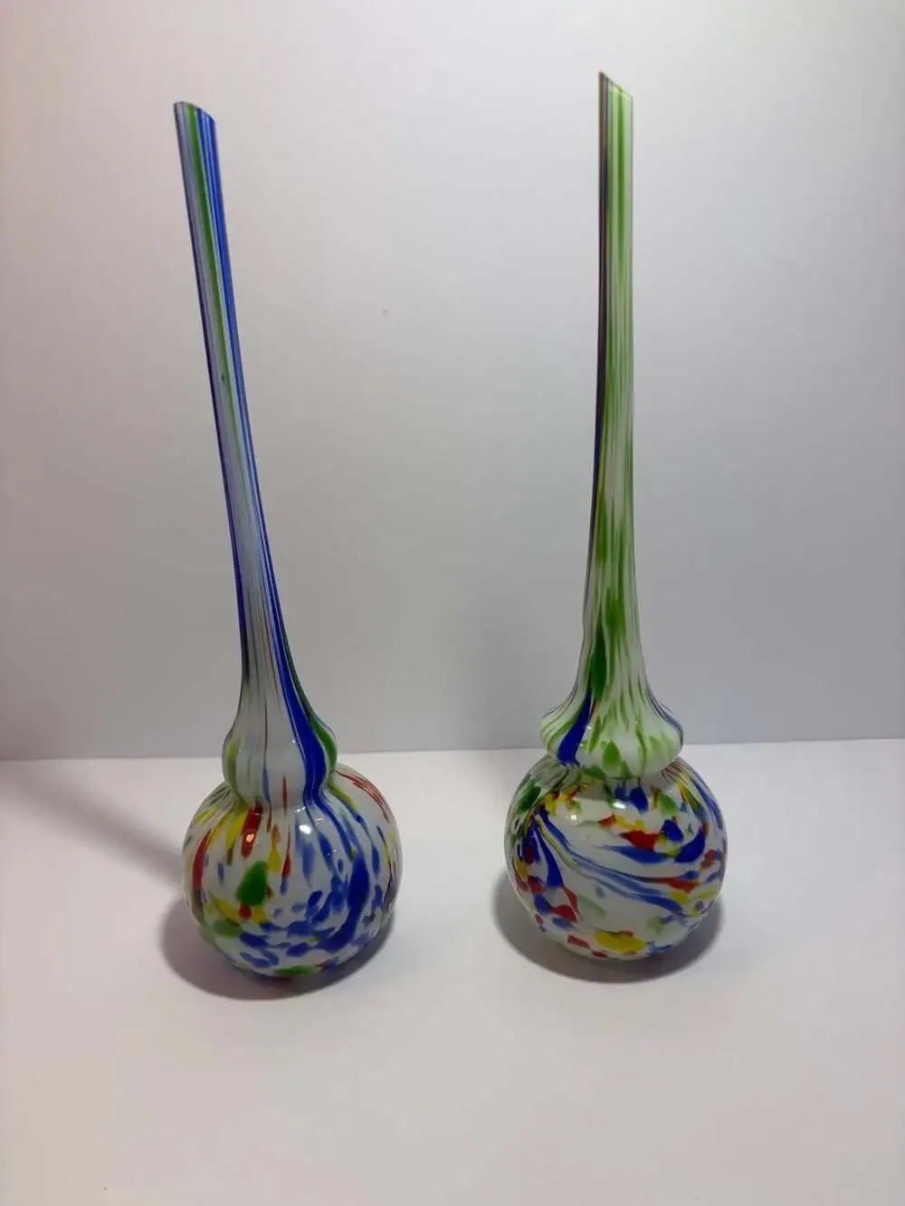 Vintage Hand Blown Glass Long Neck Bulb Vases Multi Color Confetti Ribbon Pair